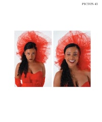 two pictures of a woman wearing a red tulle hat